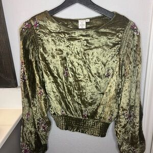 Green Velvet Blouse with Floral Details